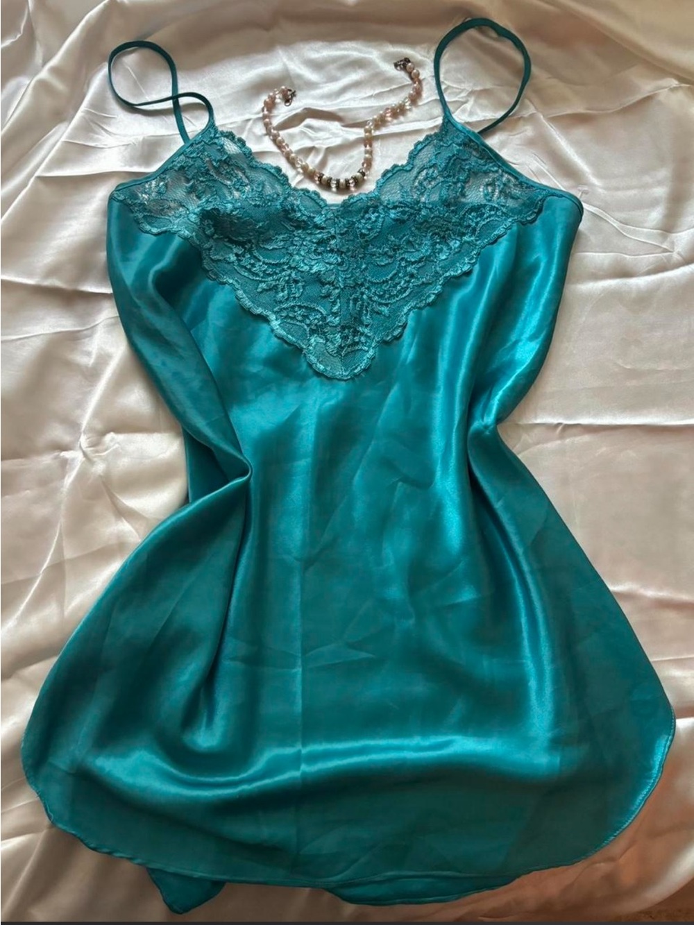 Women's Teal Satin Lace Chemise Slip - Picture 1 of 4